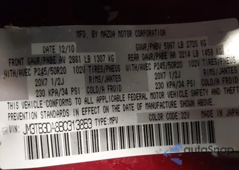 2011 Mazda Cx-9 Grand Touring z USA, uszkodzony, nr VIN JM3TB3DA8B0313853